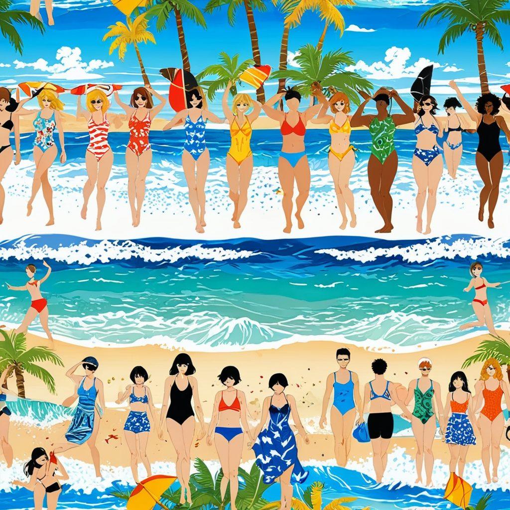 A vibrant collage showcasing a beach scene with manga characters in stylish and unique swimwear, integrating elements of anime culture. Include a colorful background with ocean waves, palm trees, and a sunny sky, blending various artistic styles, such as traditional Japanese ink art and modern cartoonish flair. The characters should express joy and friendship, capturing the essence of beach fun. super-realistic. vibrant colors. 3D.