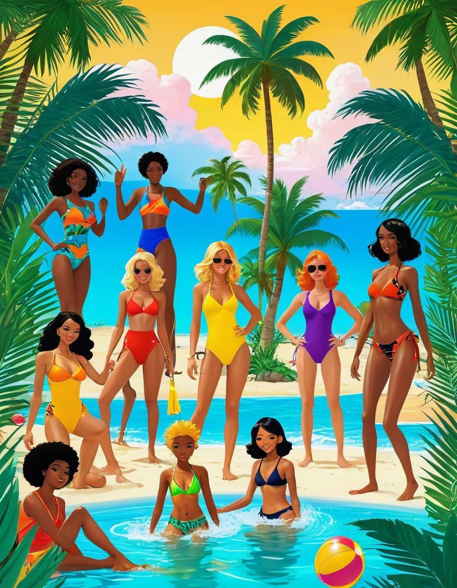 A vibrant and captivating composition showcasing a diverse array of characters in bathing suits, immersed in dynamic scenes from graphic novels and adult animations. Incorporate elements of fantasy and adventure, with bold colors and exaggerated styles. Background filled with tropical motifs like palm trees and beach vibes that reflect a playful yet captivating atmosphere. Create a seamless blend of artistry and storytelling that draws readers in. cartoonish style. vibrant colors. 3D.